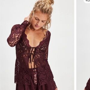 FREE PEOPLE Daylight Cardi Burgundy Lace Tie-Front Top NWOT